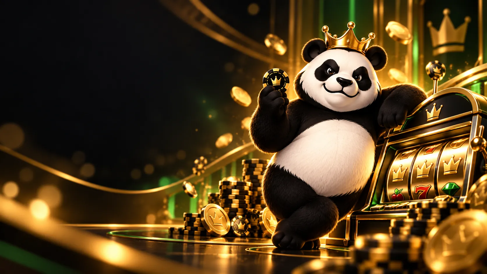 Ilustração de um panda com coroa ao lado de fichas e máquina de cassino